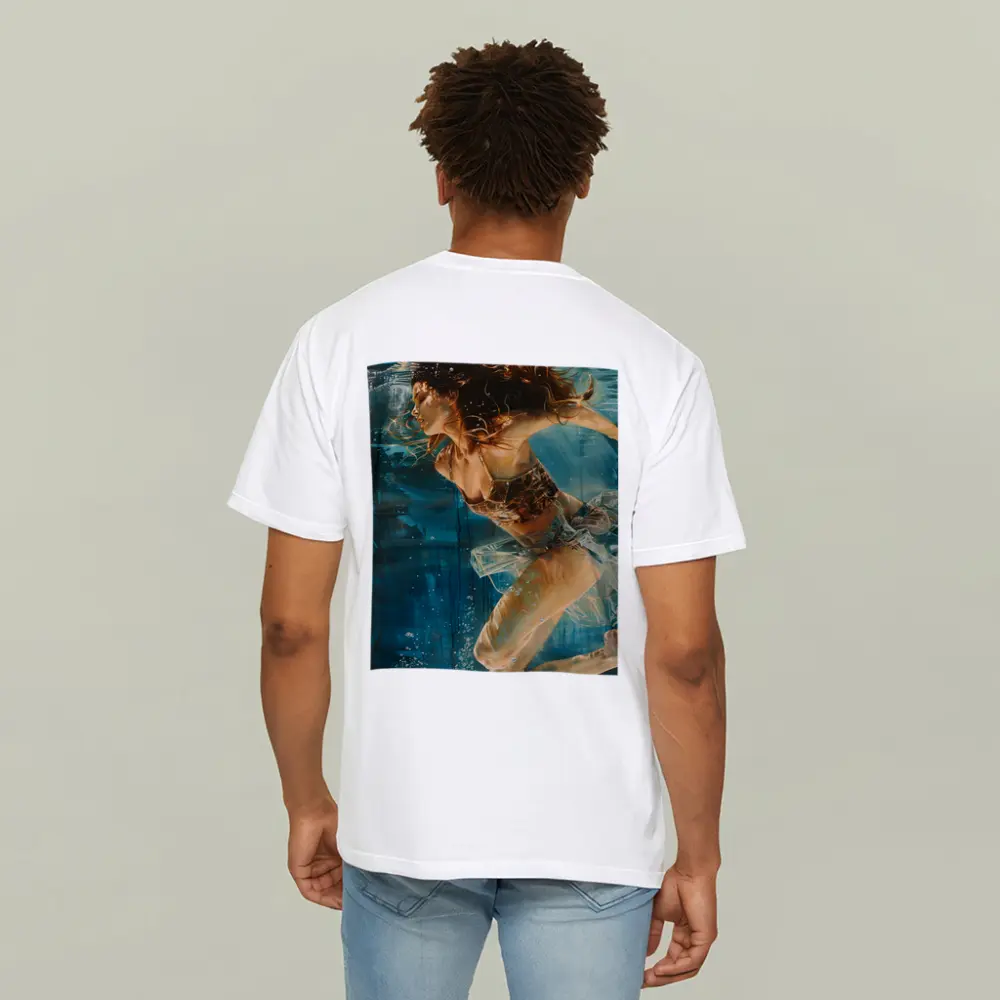 Woman Swimming Underwater Blue Abstract Painting – T-Shirts