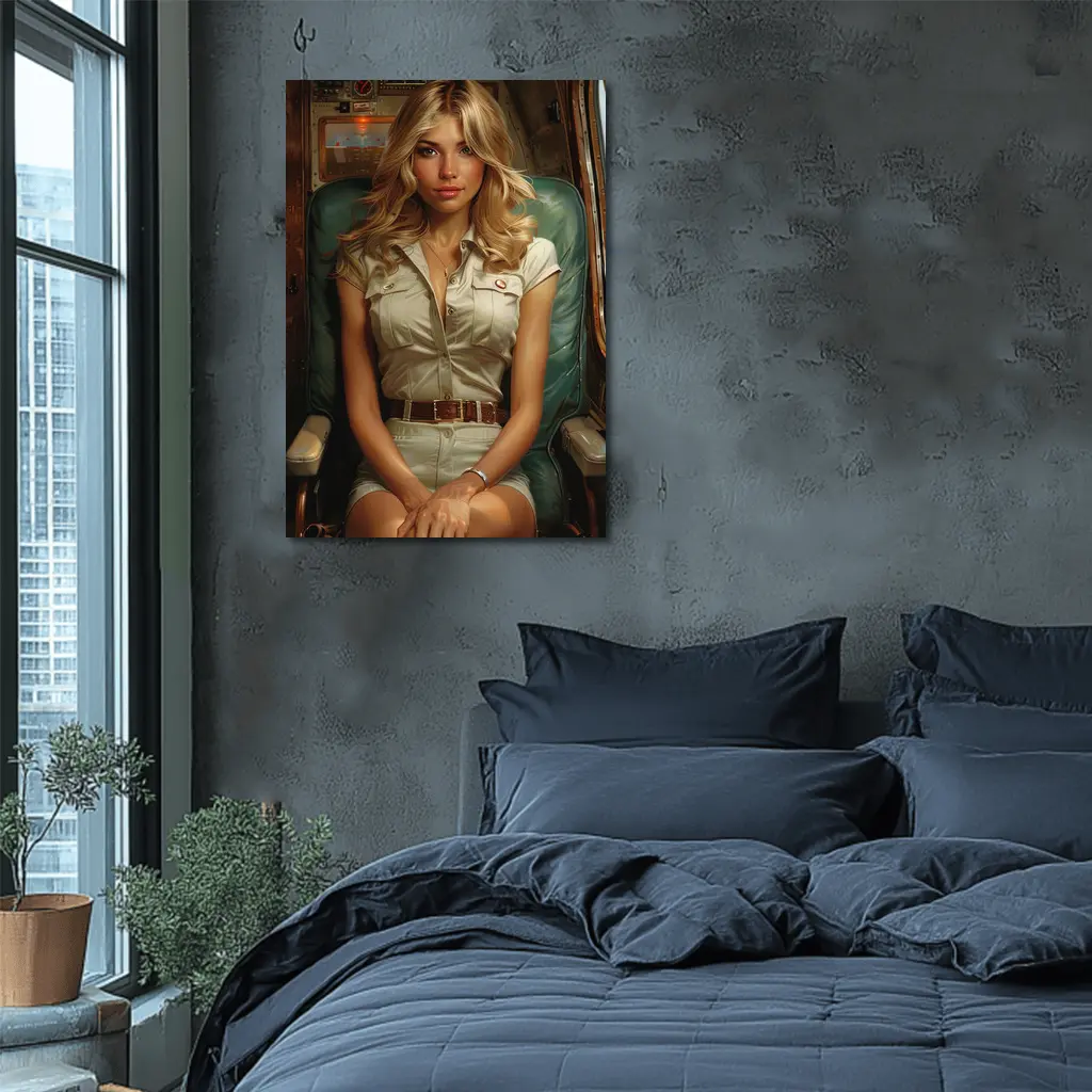 Blonde Woman Sitting Inside Aircraft Cockpit – Wall Art