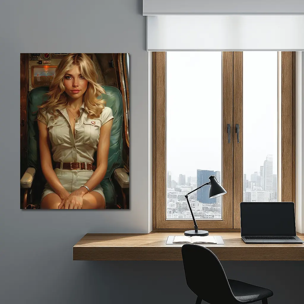 Blonde Woman Sitting Inside Aircraft Cockpit – Wall Art