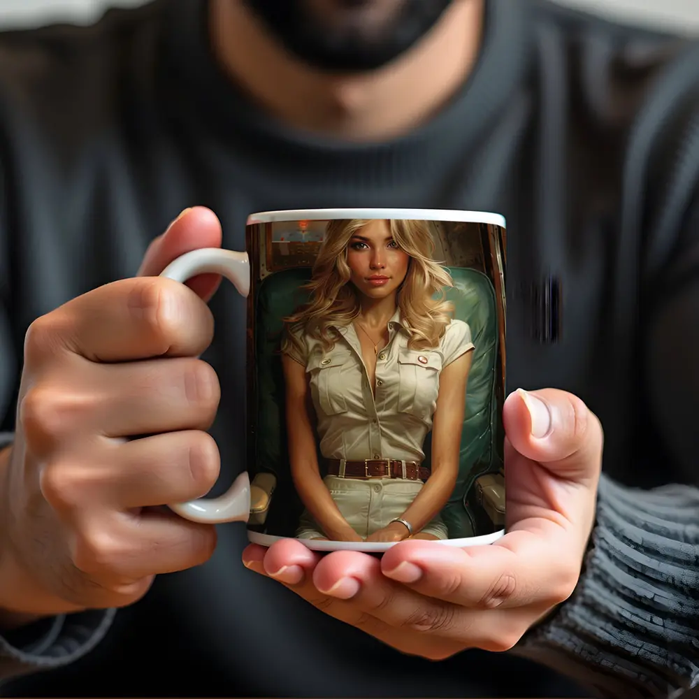 Blonde Woman Sitting Inside Aircraft Cockpit – Mugs
