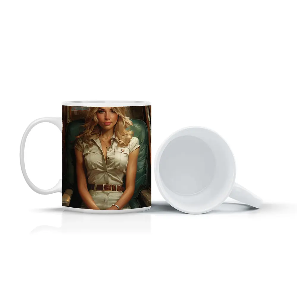 Blonde Woman Sitting Inside Aircraft Cockpit – Mugs
