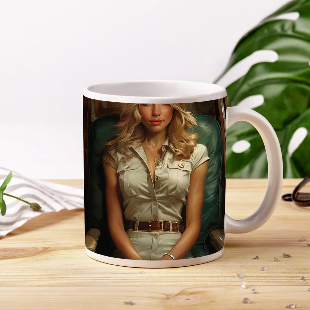 Blonde Woman Sitting Inside Aircraft Cockpit – Mugs