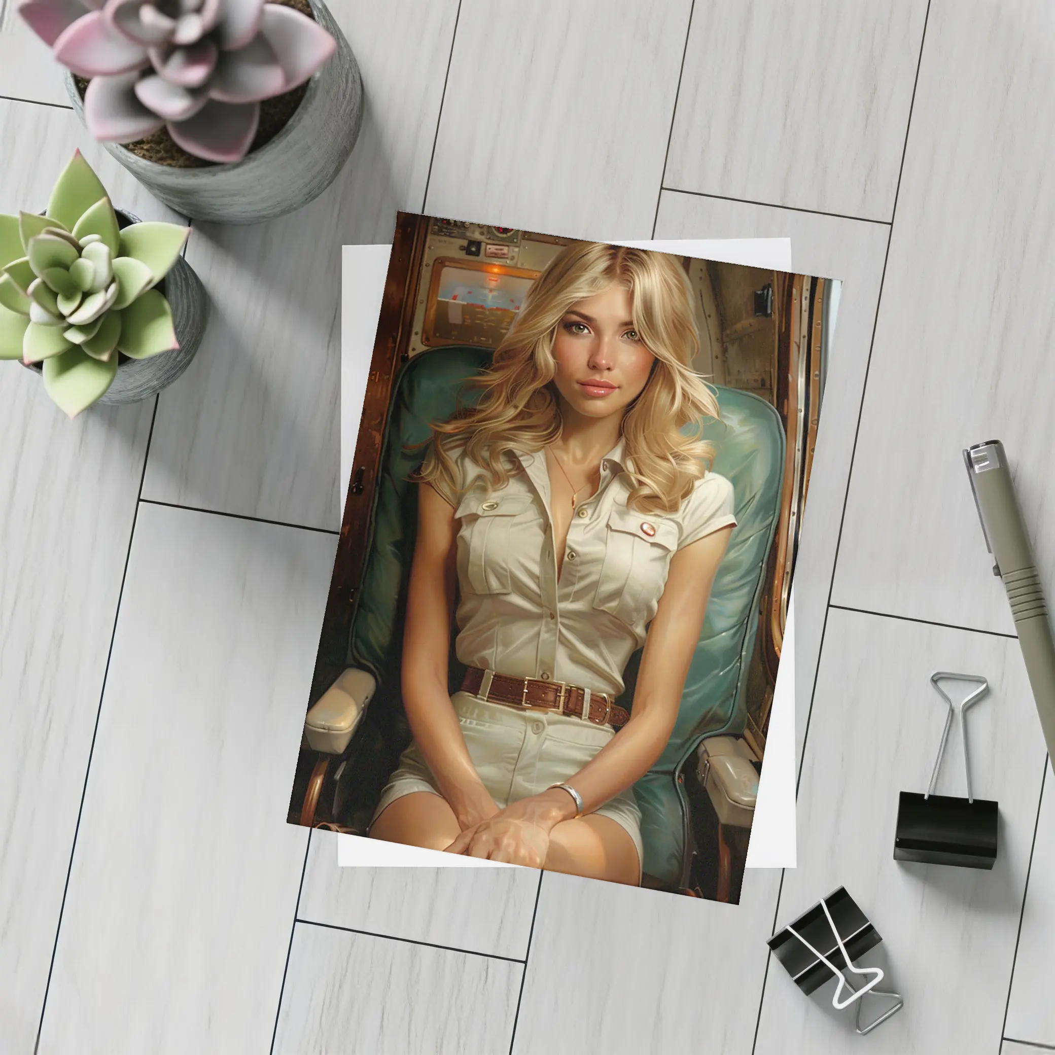 Blonde Woman Sitting Inside Aircraft Cockpit – Postcards