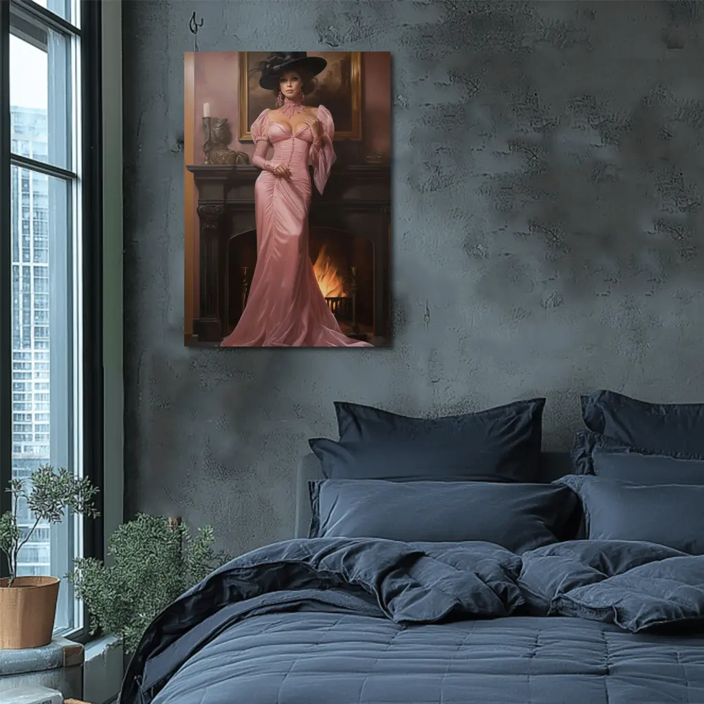 Victorian Woman Pink Gown Fireplace Interior – Wall Art