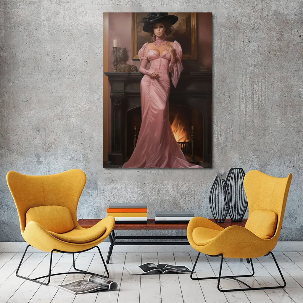 Victorian Woman Pink Gown Fireplace Interior – Wall Art