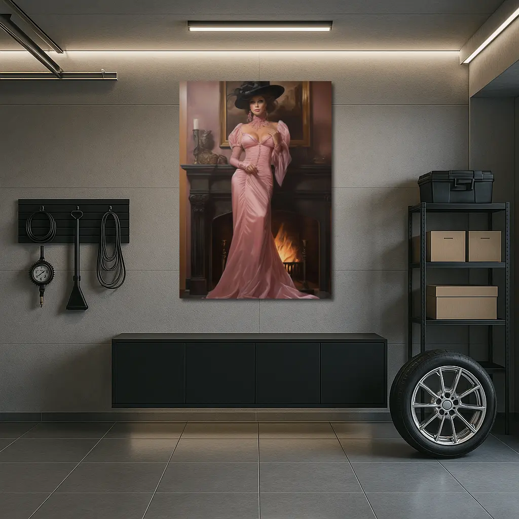 Victorian Woman Pink Gown Fireplace Interior – Wall Art