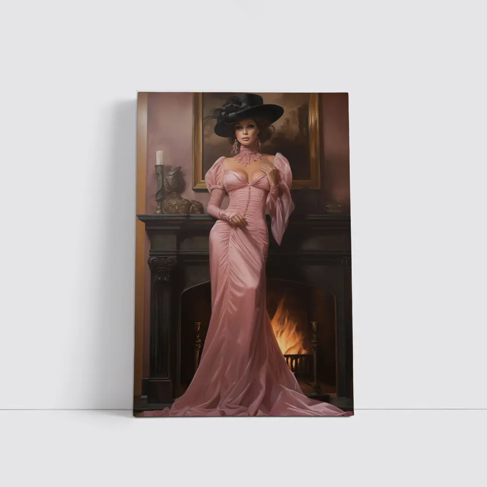 Victorian Woman Pink Gown Fireplace Interior – Wall Art