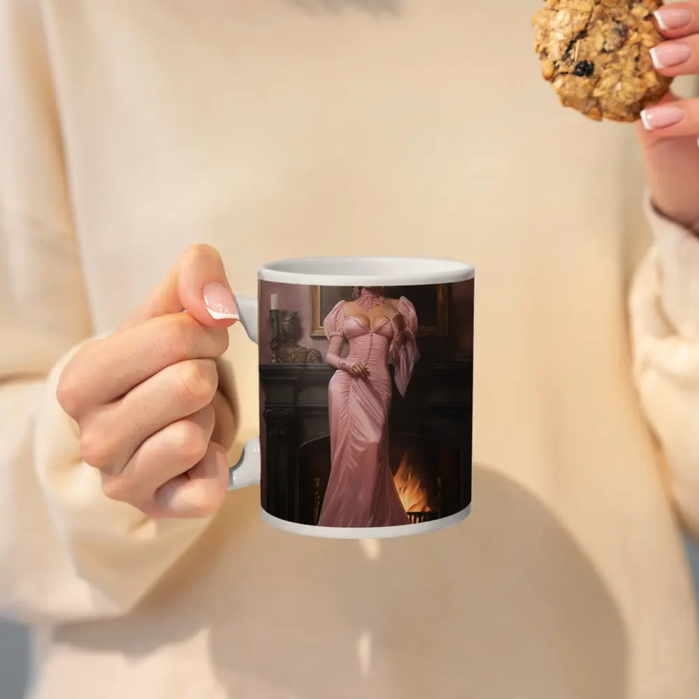 Victorian Woman Pink Gown Fireplace Interior – Mugs