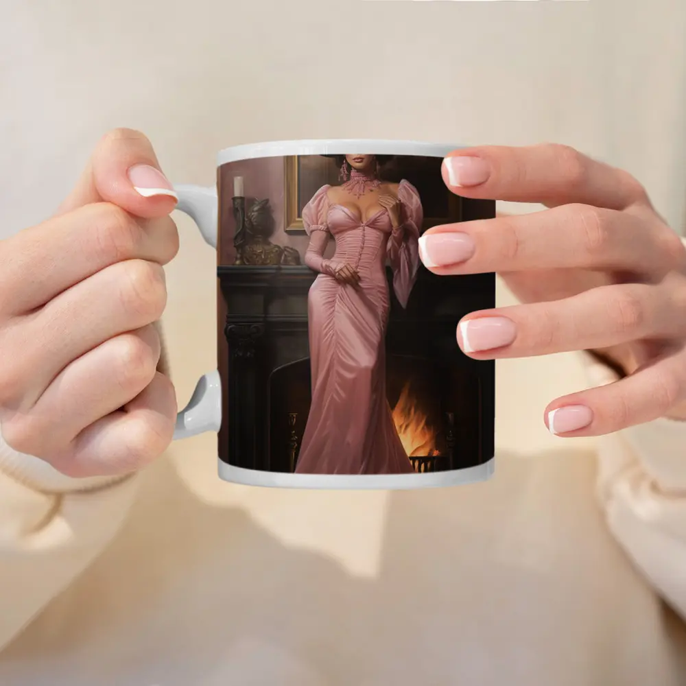Victorian Woman Pink Gown Fireplace Interior – Mugs