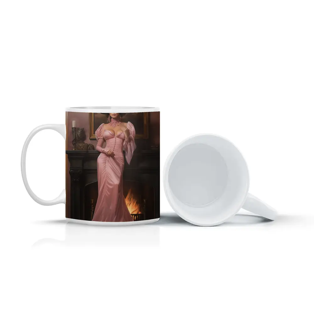 Victorian Woman Pink Gown Fireplace Interior – Mugs
