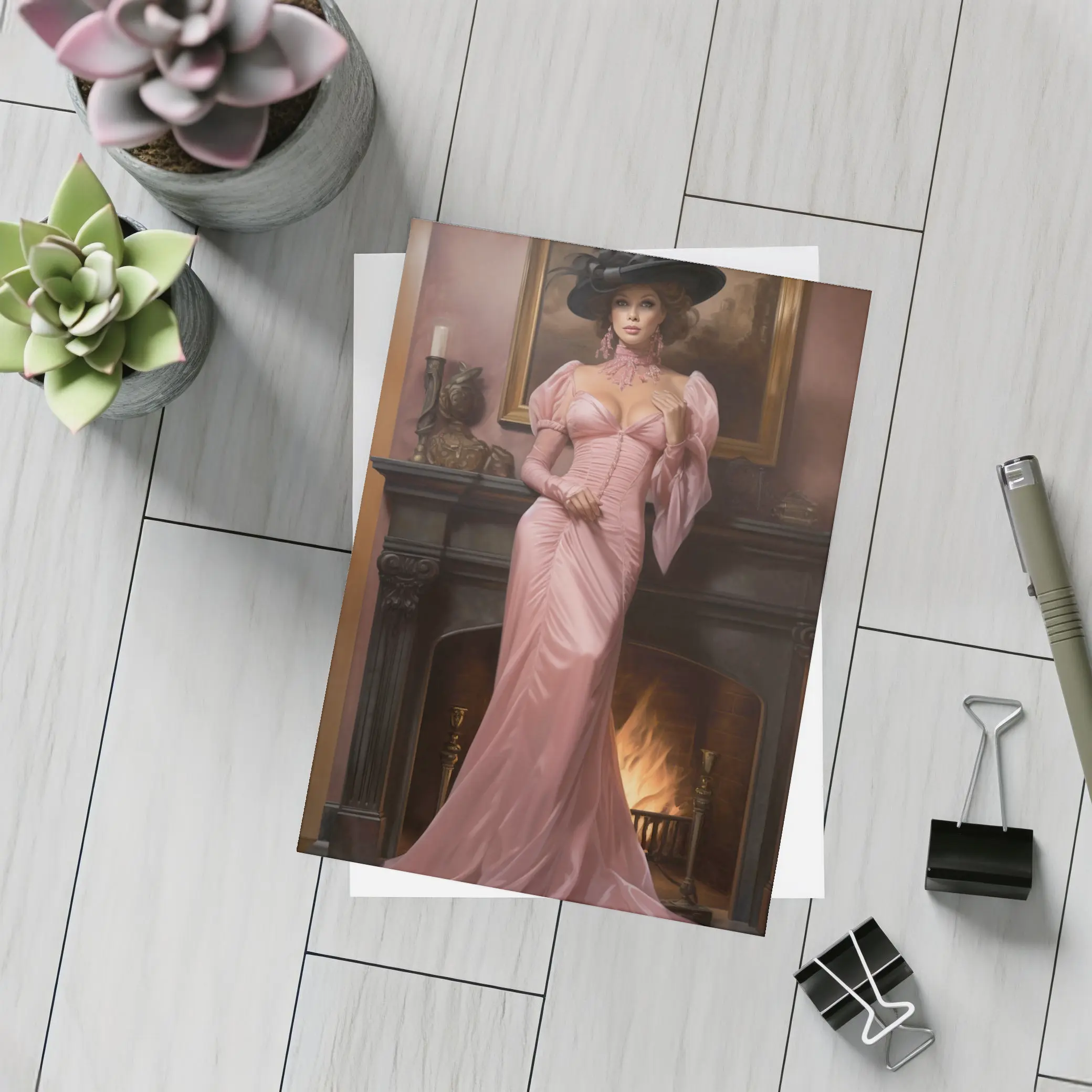 Victorian Woman Pink Gown Fireplace Interior – Postcards