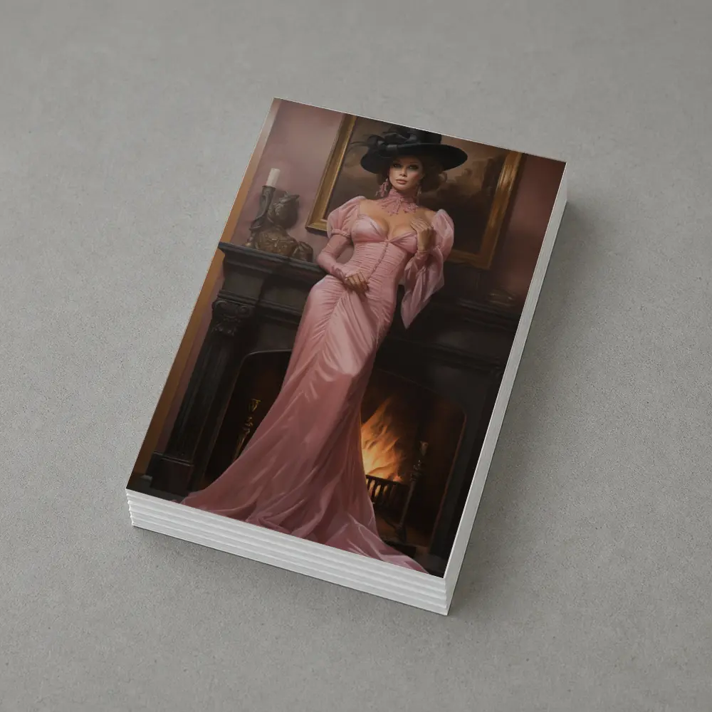 Victorian Woman Pink Gown Fireplace Interior – Postcards