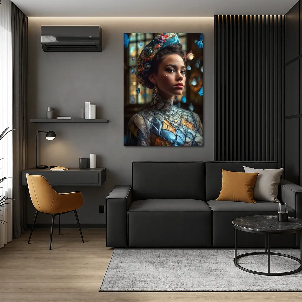 Fantasy Woman Blue Butterflies Ornate Interior – Wall Art
