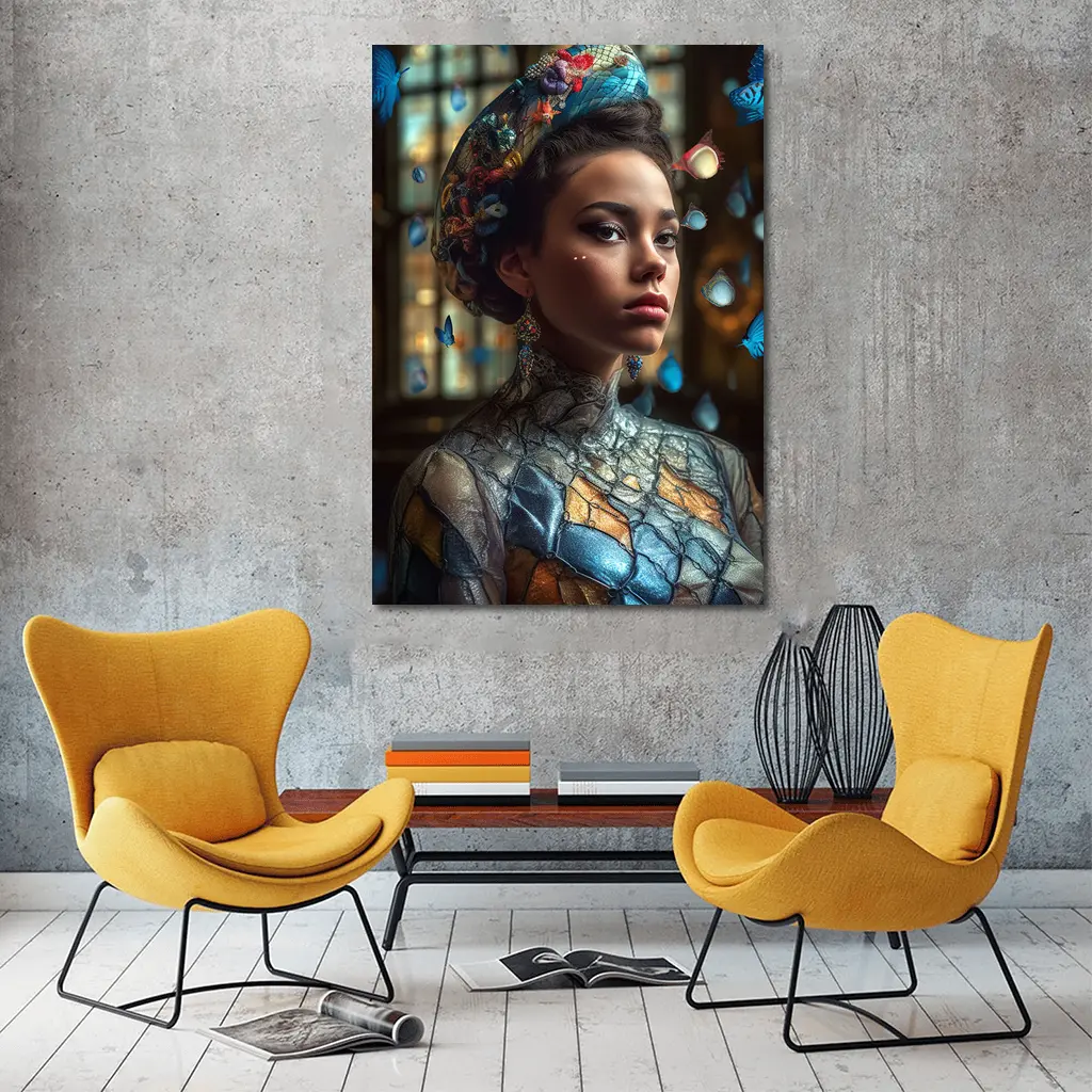 Fantasy Woman Blue Butterflies Ornate Interior – Wall Art
