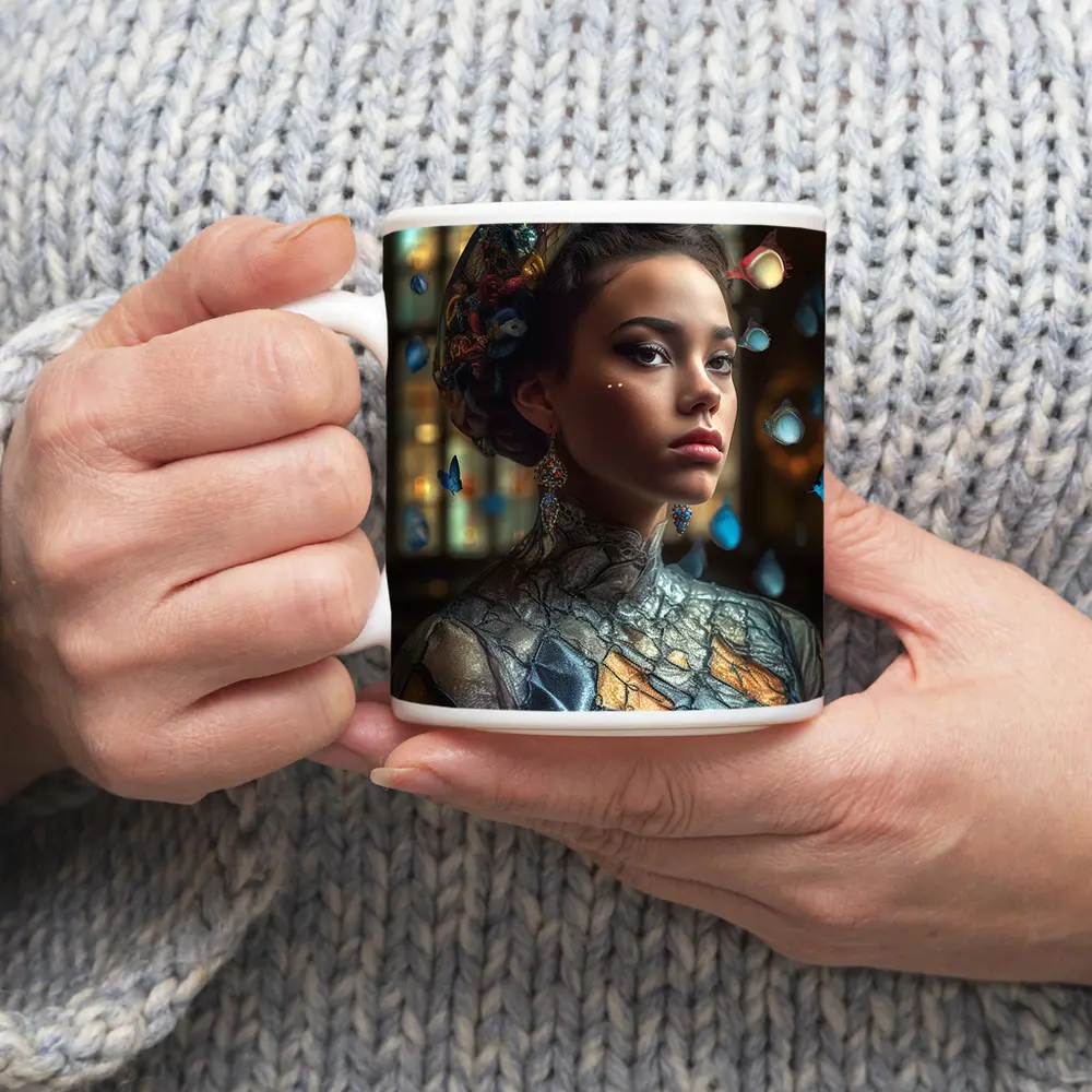 Fantasy Woman Blue Butterflies Ornate Interior – Mugs