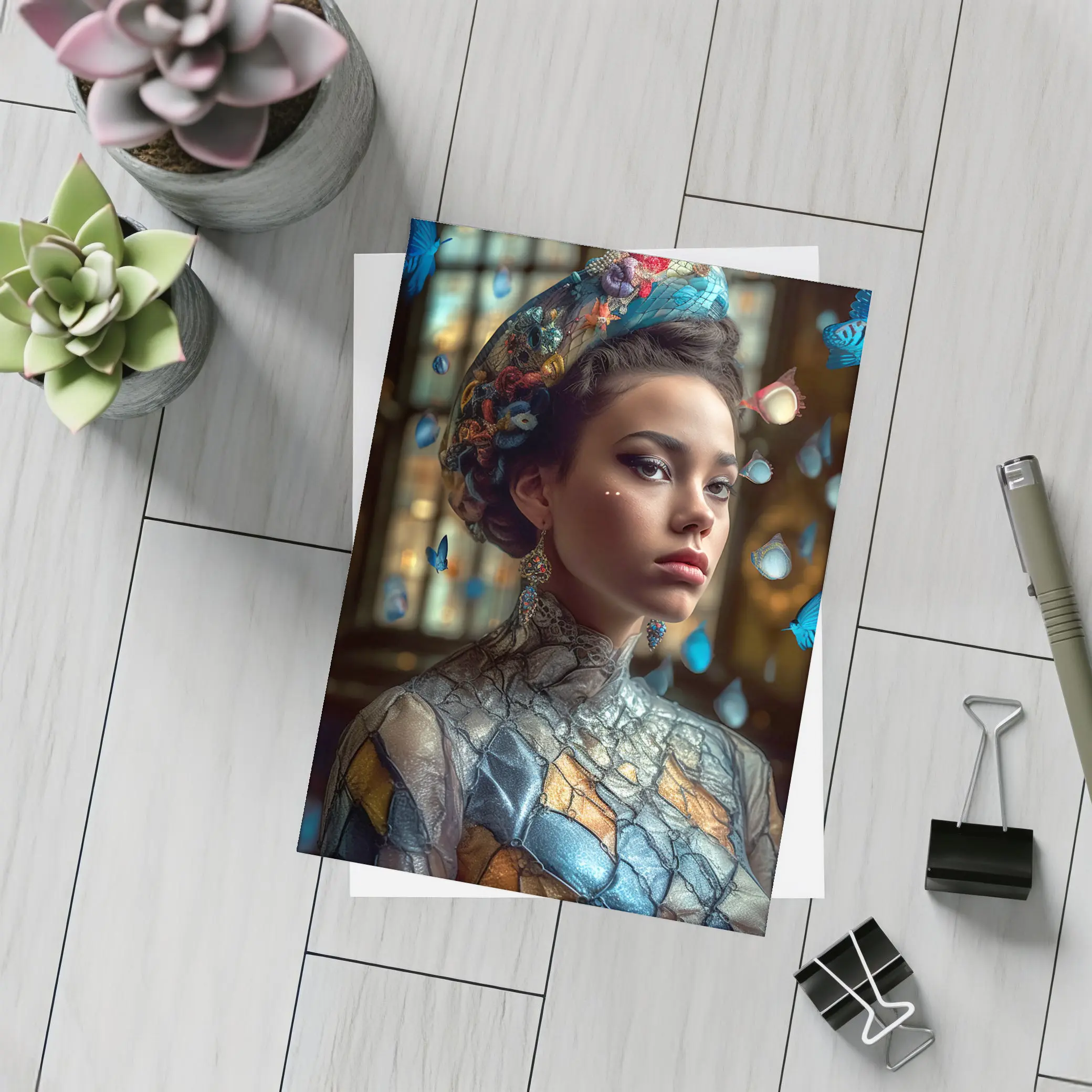 Fantasy Woman Blue Butterflies Ornate Interior – Postcards