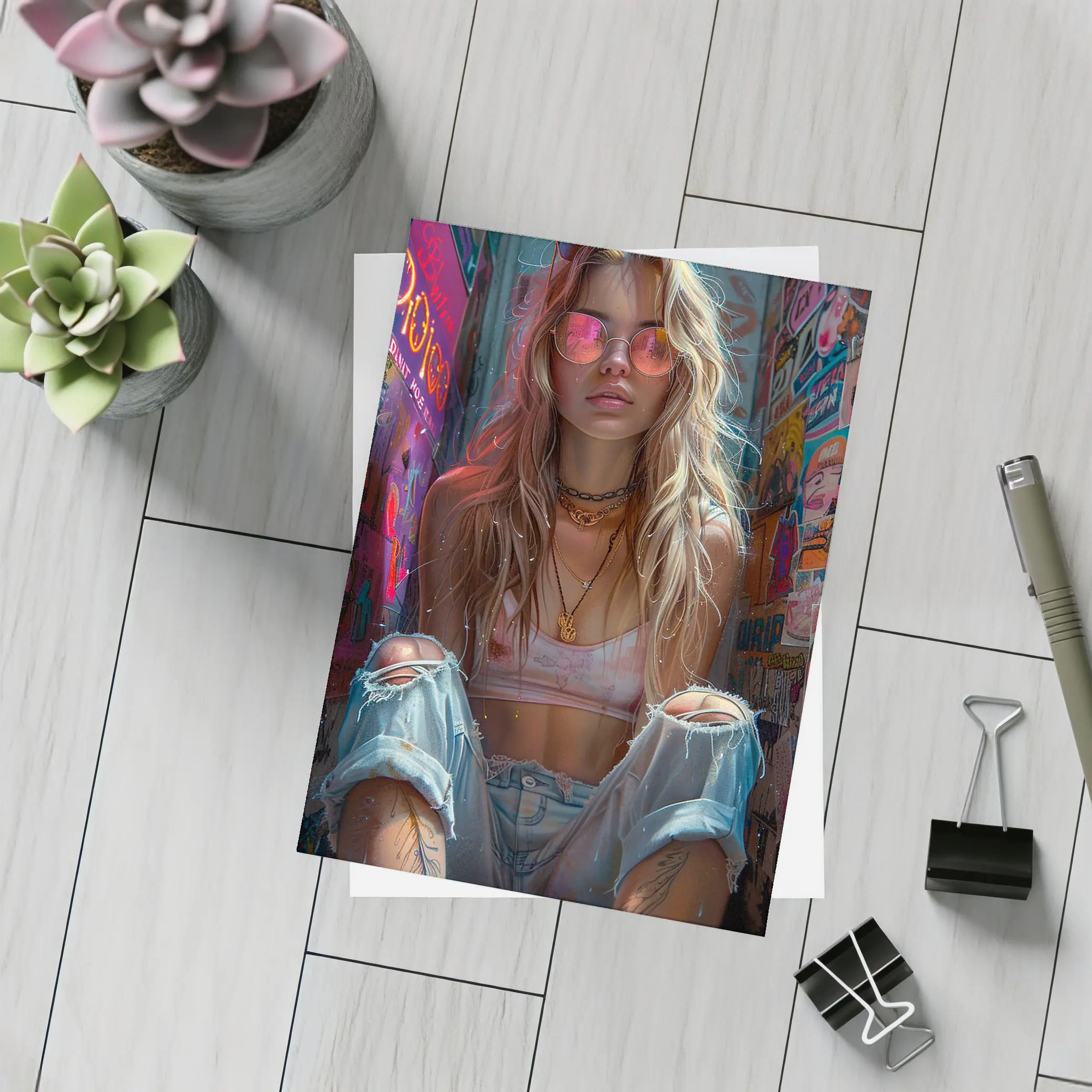 Grunge Girl Pink Sunglasses Graffiti Wall – Postcards
