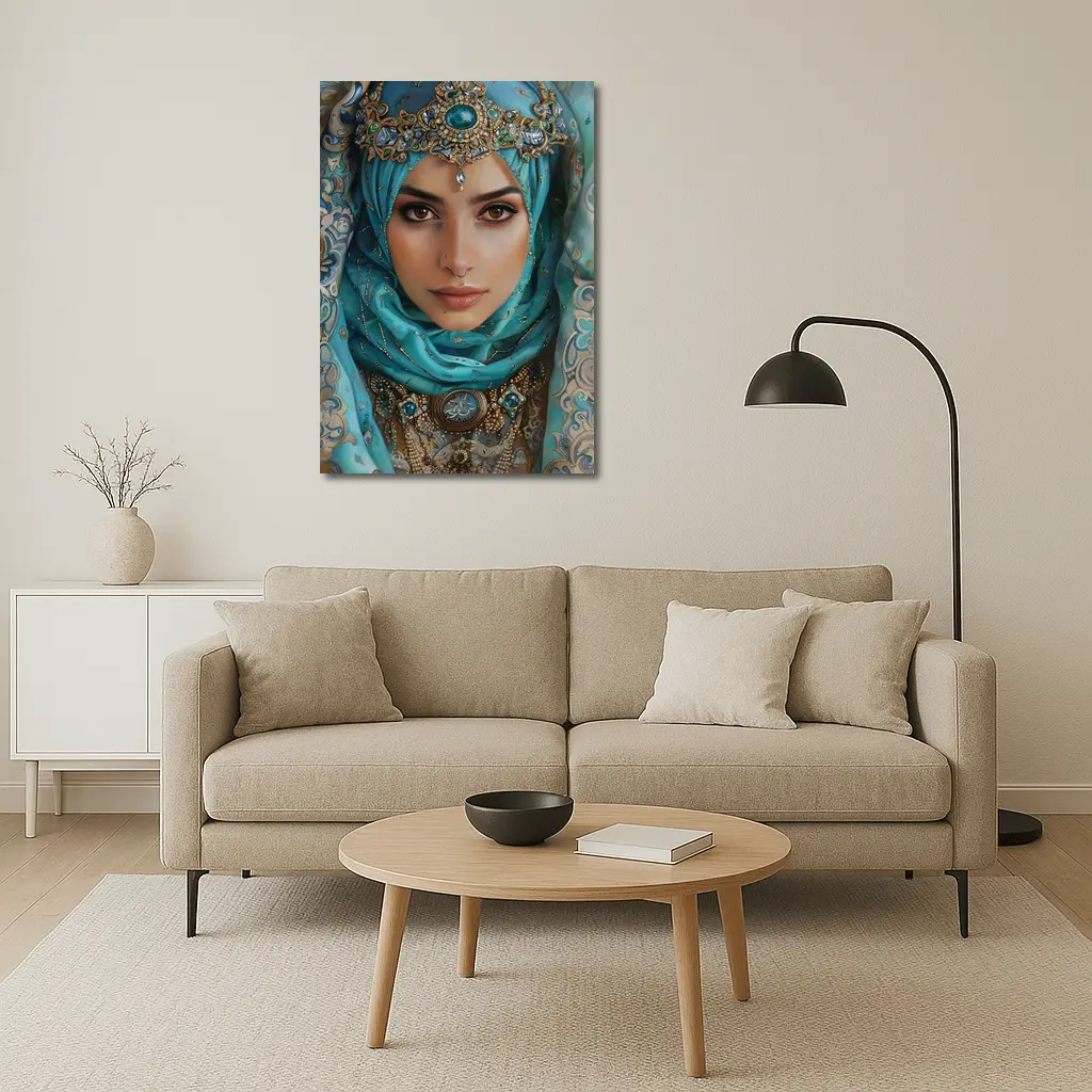 Arabian Woman Portrait Teal Hijab Gold Jewelry – Wall Art