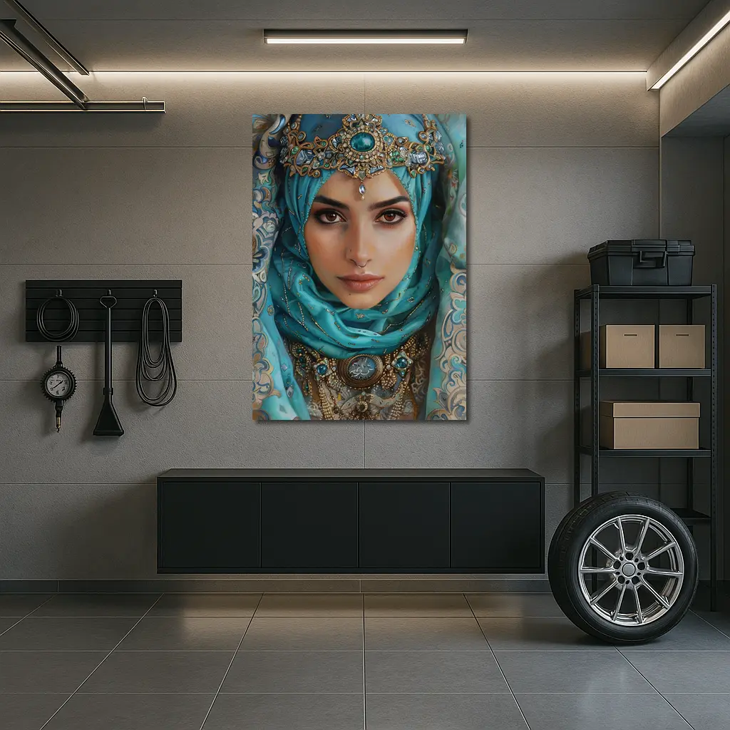 Arabian Woman Portrait Teal Hijab Gold Jewelry – Wall Art