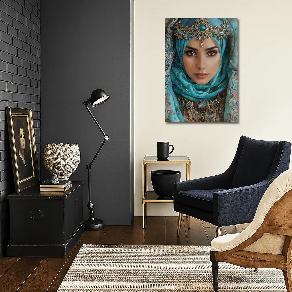 Arabian Woman Portrait Teal Hijab Gold Jewelry – Wall Art