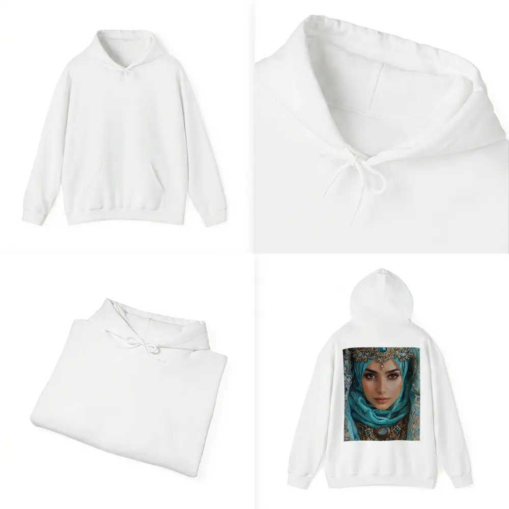 Arabian Woman Portrait Teal Hijab Gold Jewelry – Hoodies