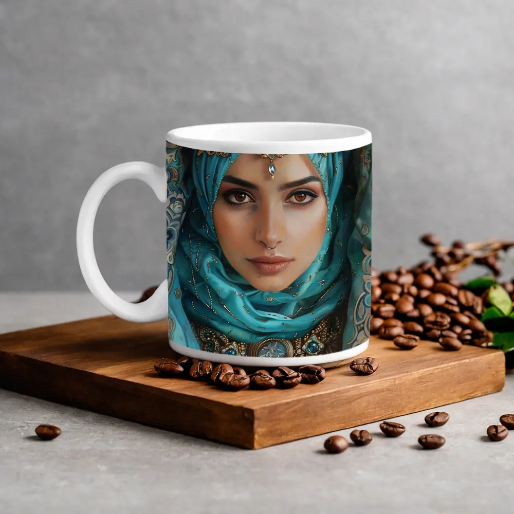 Arabian Woman Portrait Teal Hijab Gold Jewelry – Mugs