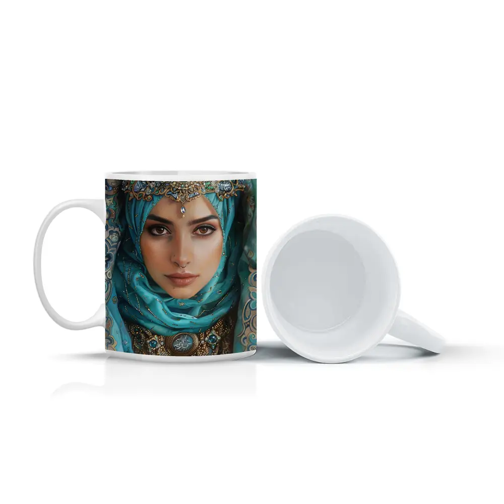 Arabian Woman Portrait Teal Hijab Gold Jewelry – Mugs