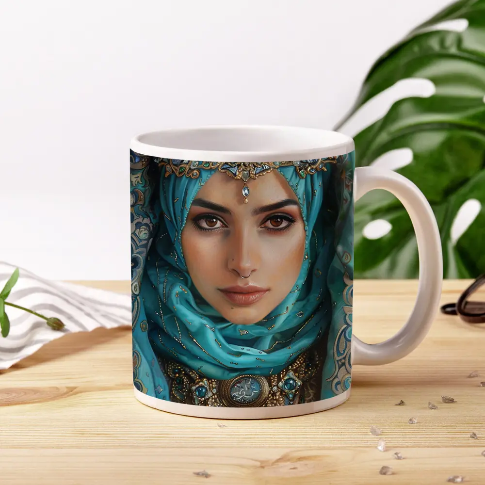 Arabian Woman Portrait Teal Hijab Gold Jewelry – Mugs