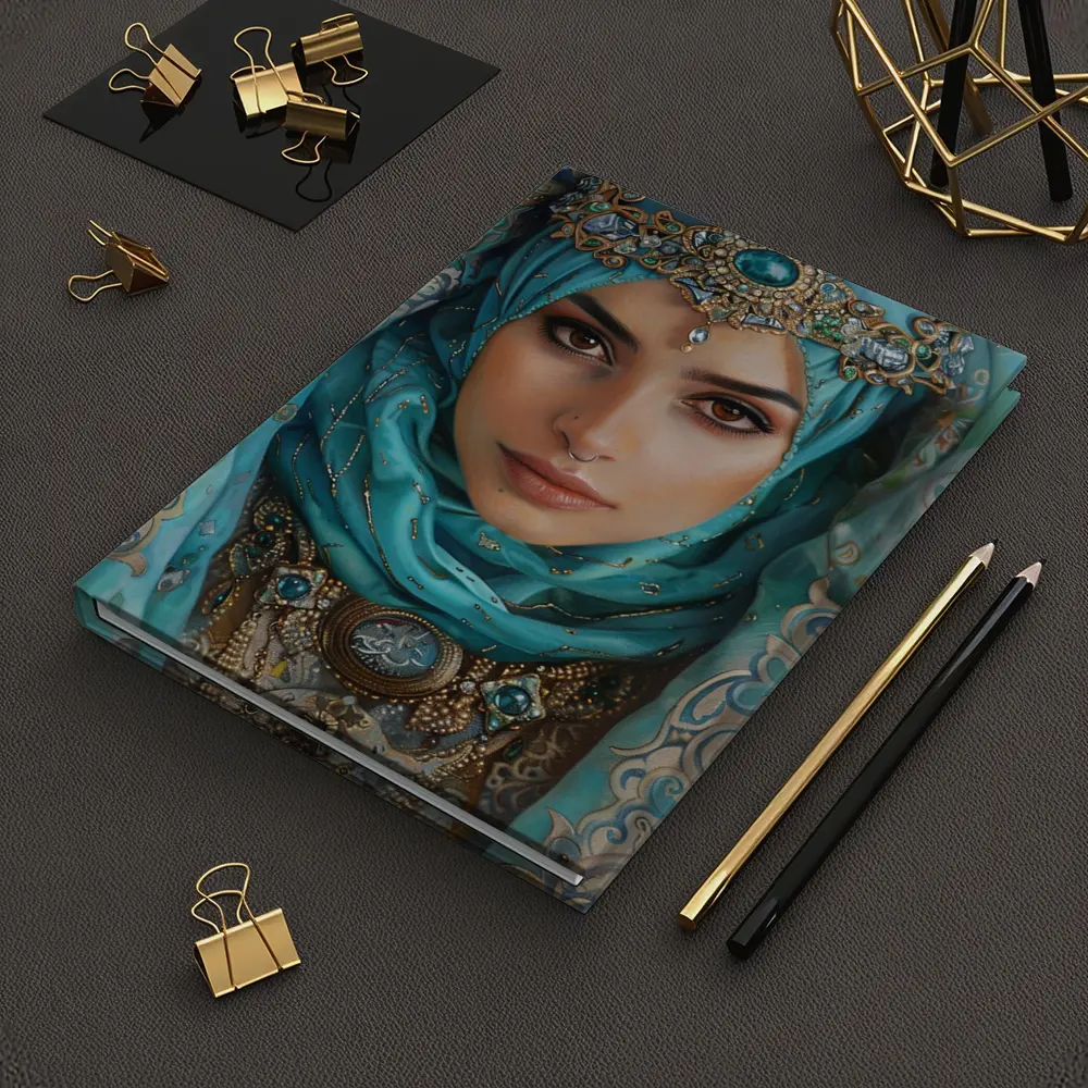 Arabian Woman Portrait Teal Hijab Gold Jewelry – Notebooks