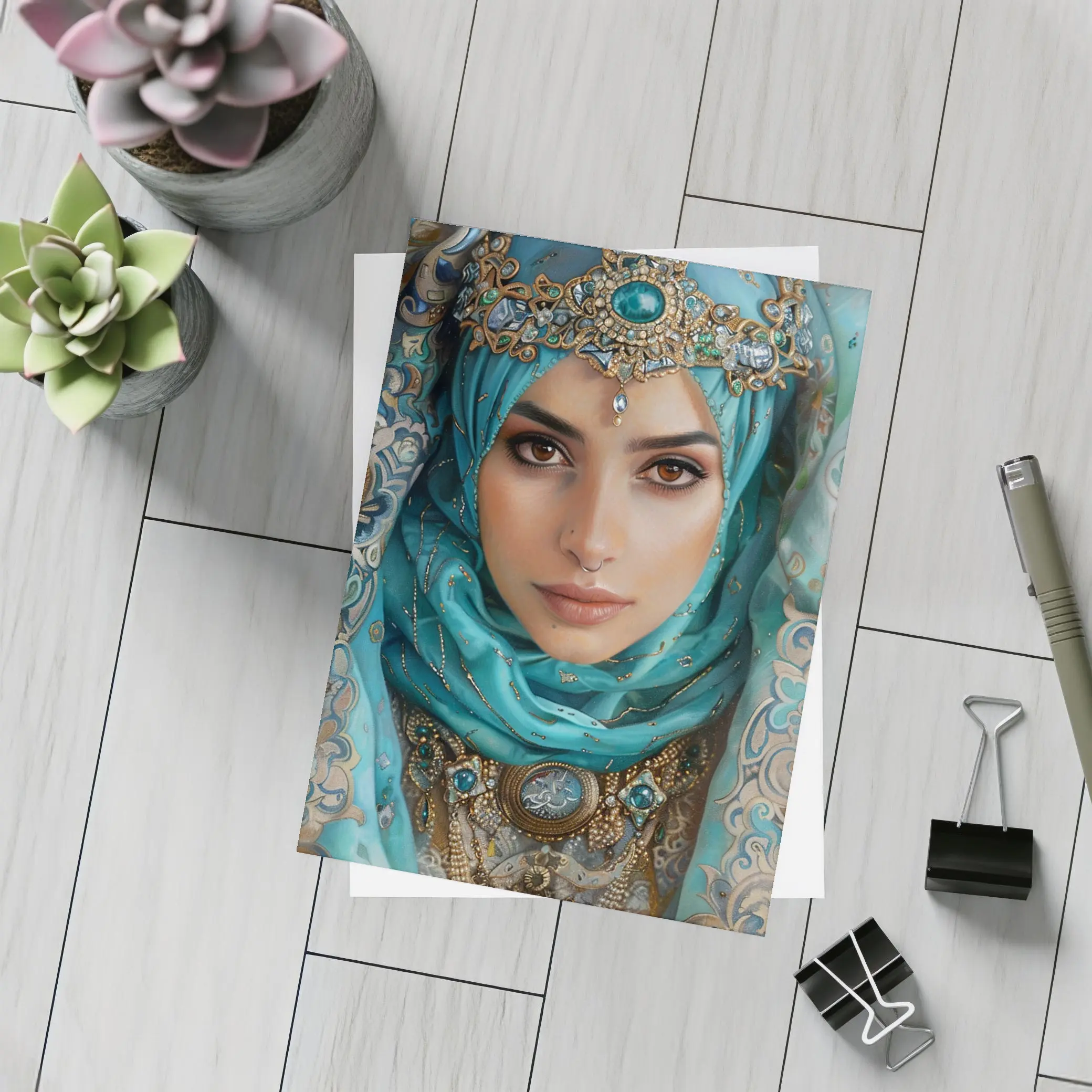 Arabian Woman Portrait Teal Hijab Gold Jewelry – Postcards