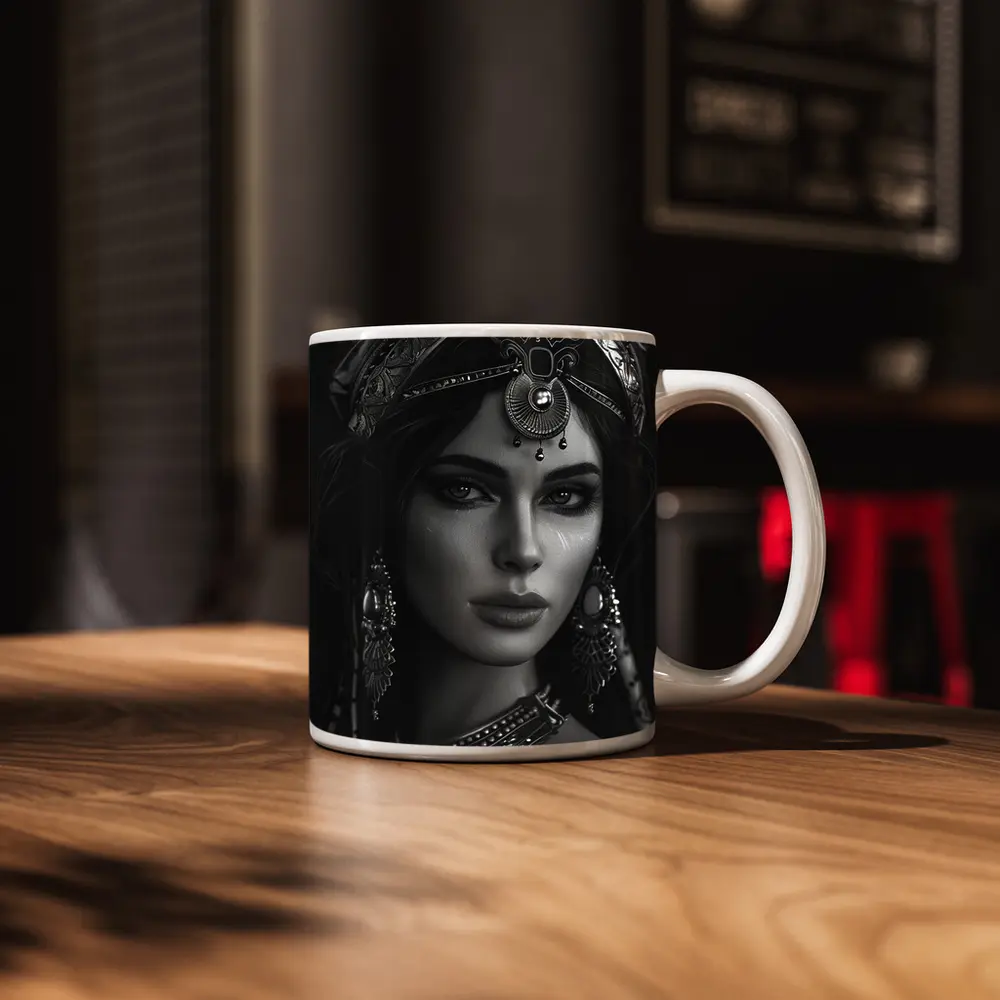 Black and White Woman Portrait Ornate Headdress – Mugs