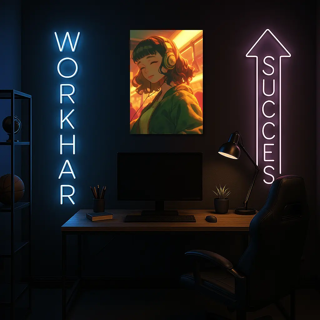 Anime Girl Headphones Warm Golden Light – Wall Art