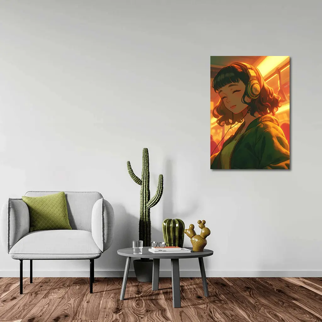 Anime Girl Headphones Warm Golden Light – Wall Art