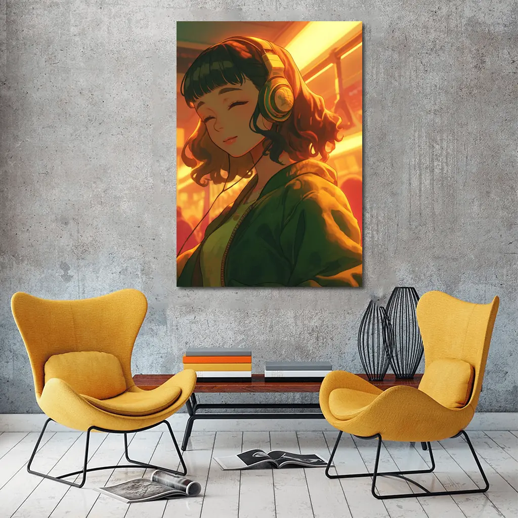 Anime Girl Headphones Warm Golden Light – Wall Art