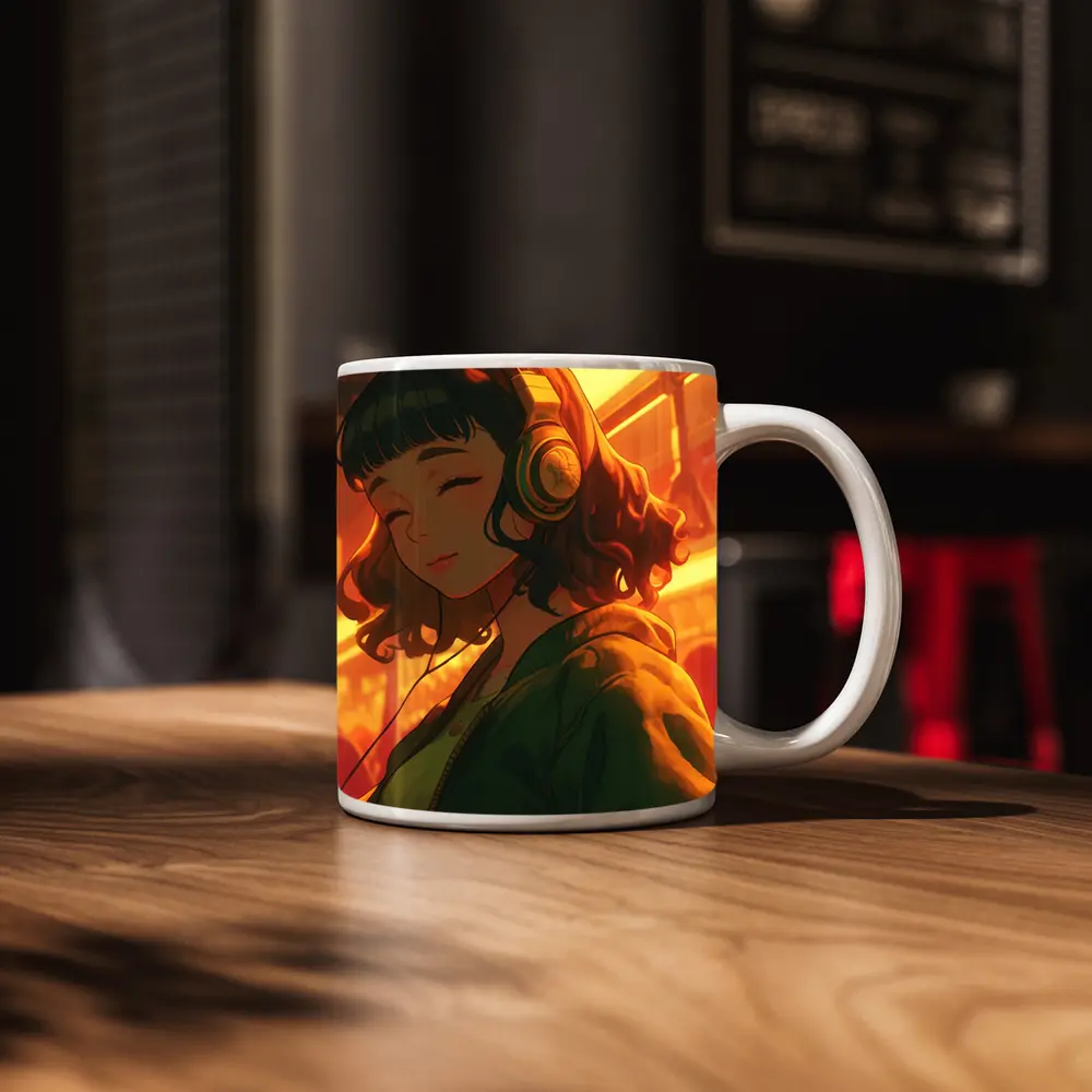 Anime Girl Headphones Warm Golden Light – Mugs