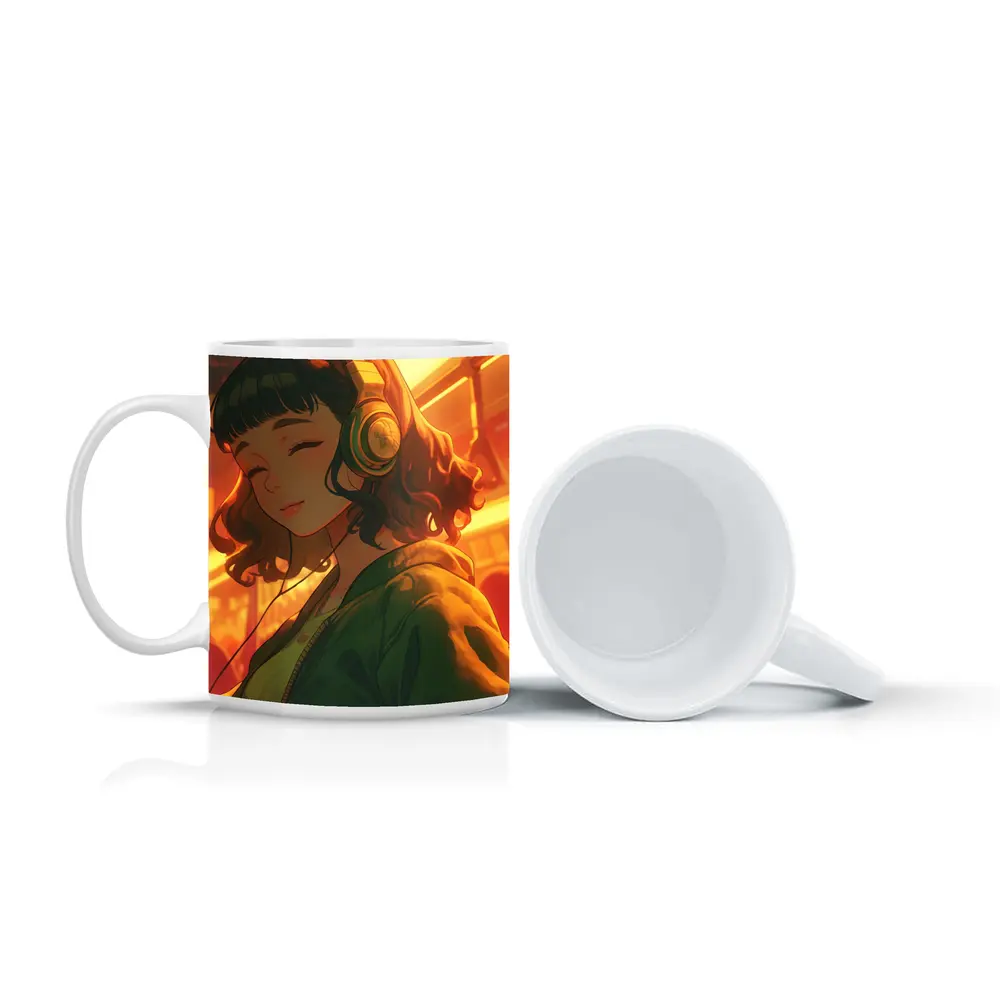 Anime Girl Headphones Warm Golden Light – Mugs