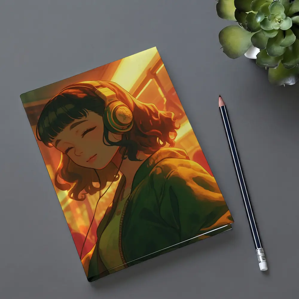 Anime Girl Headphones Warm Golden Light – Notebooks