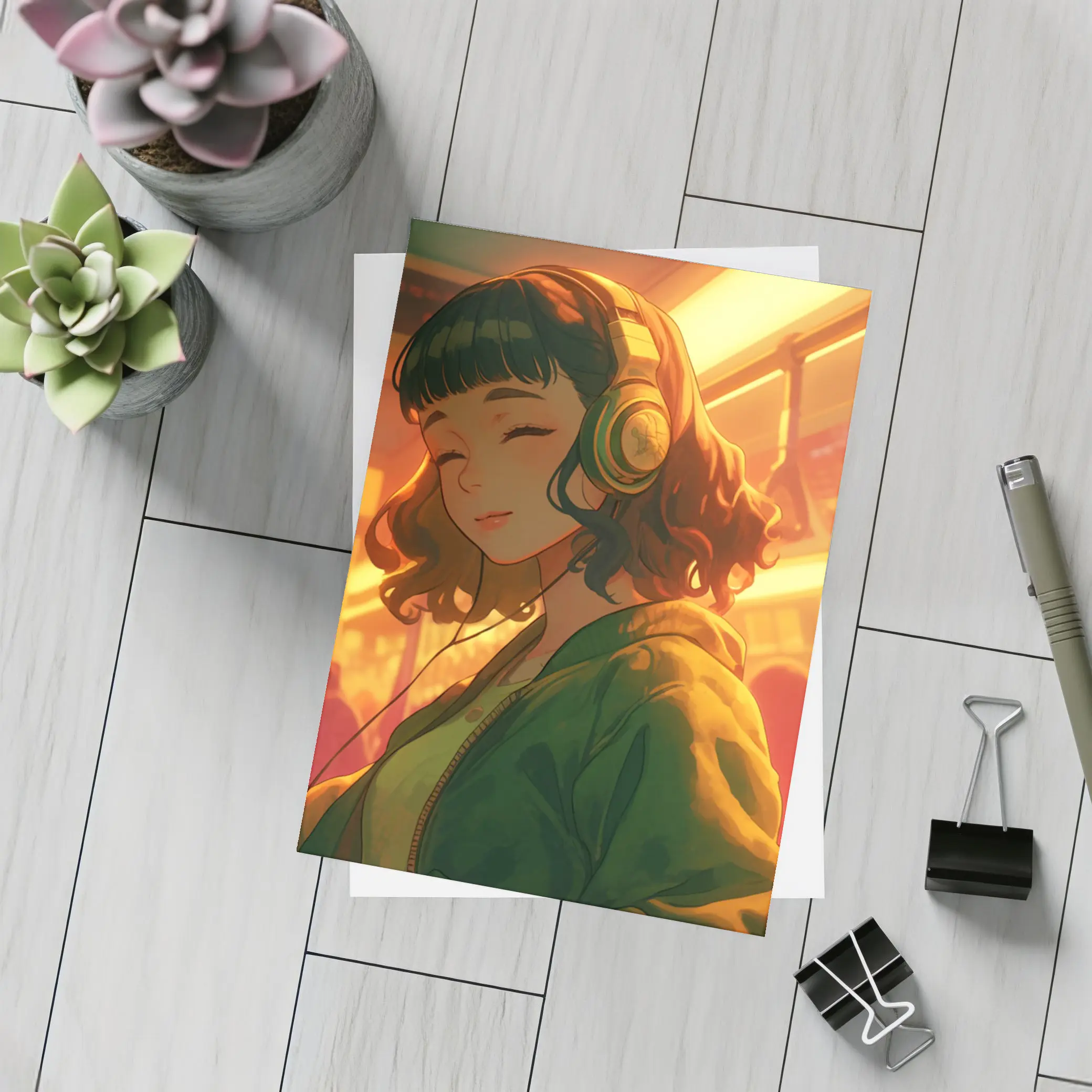 Anime Girl Headphones Warm Golden Light – Postcards