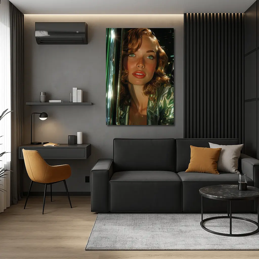 Green Eyed Woman Metallic Jacket Neon Background – Wall Art