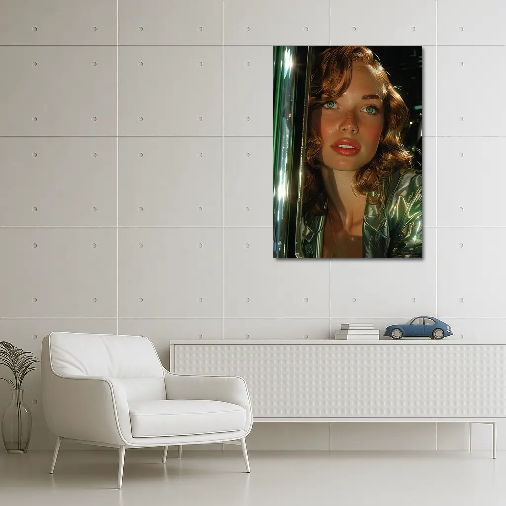 Green Eyed Woman Metallic Jacket Neon Background – Wall Art