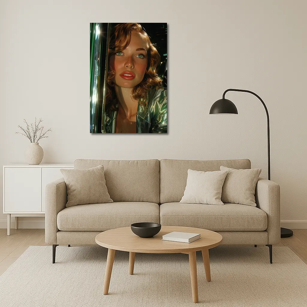 Green Eyed Woman Metallic Jacket Neon Background – Wall Art