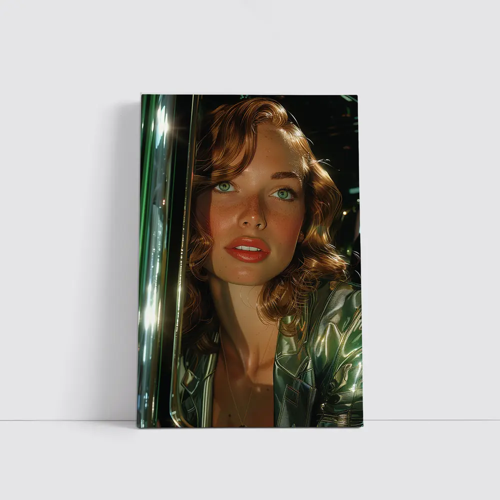 Green Eyed Woman Metallic Jacket Neon Background – Wall Art