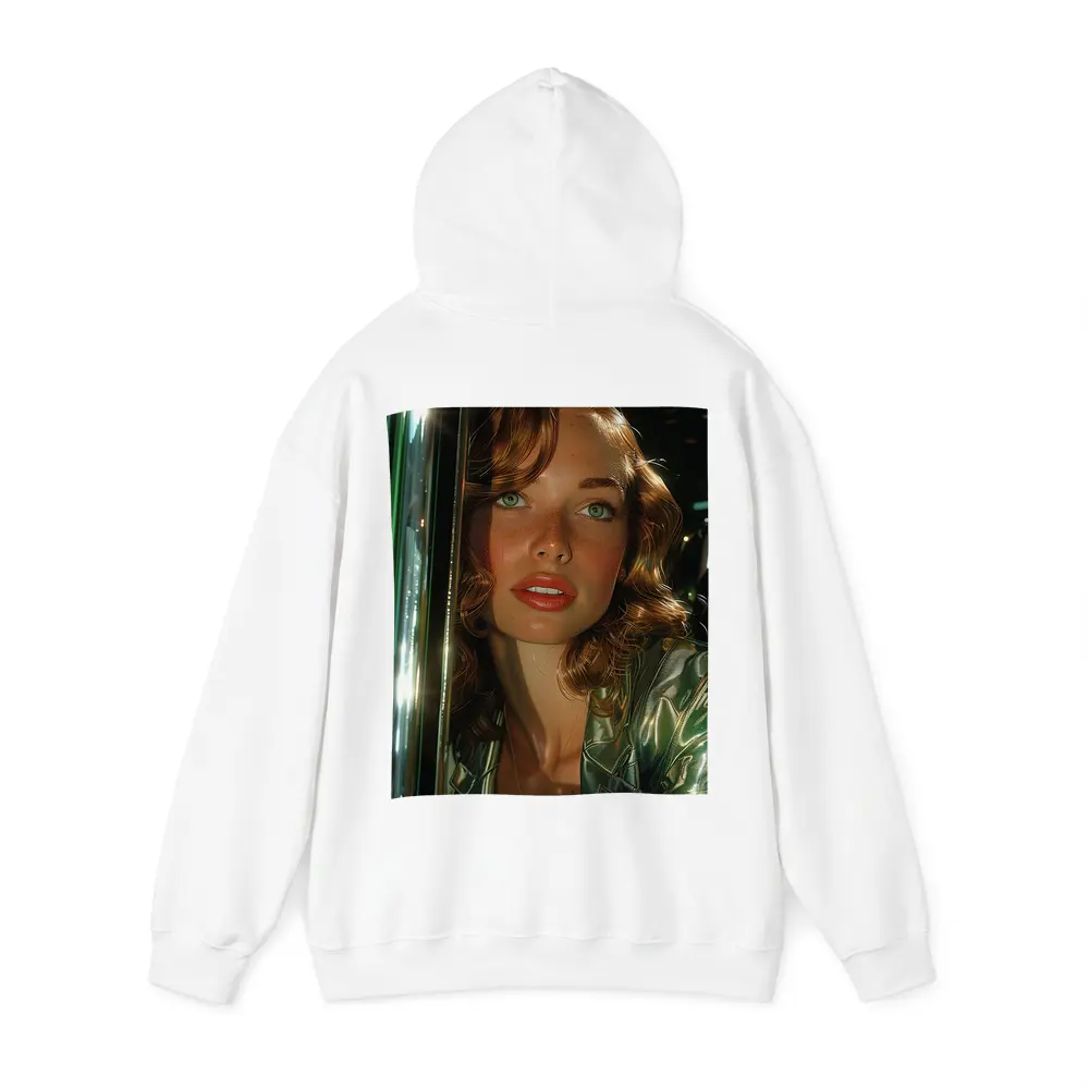 Green Eyed Woman Metallic Jacket Neon Background – Hoodies