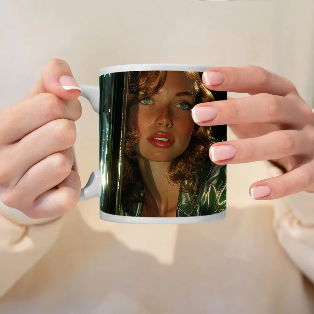 Green Eyed Woman Metallic Jacket Neon Background – Mugs