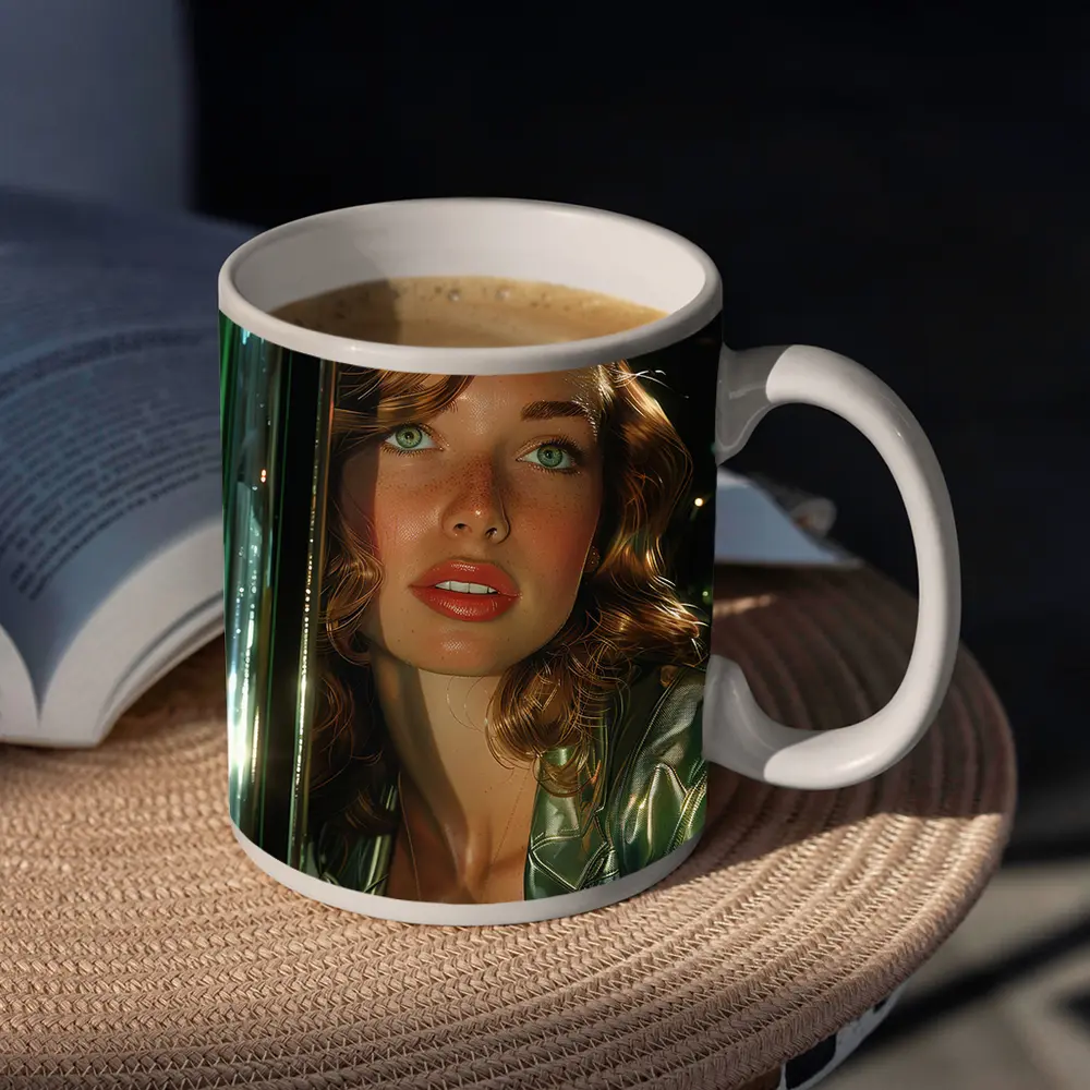 Green Eyed Woman Metallic Jacket Neon Background – Mugs