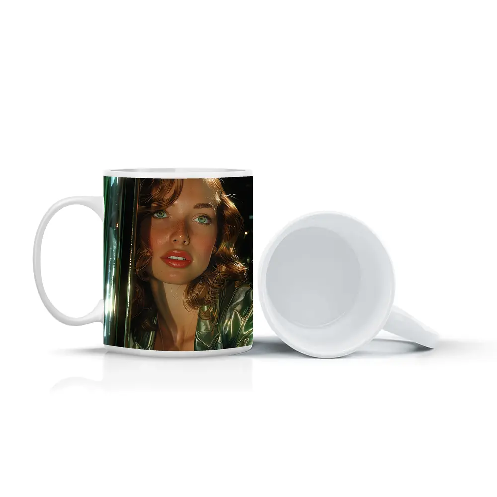Green Eyed Woman Metallic Jacket Neon Background – Mugs
