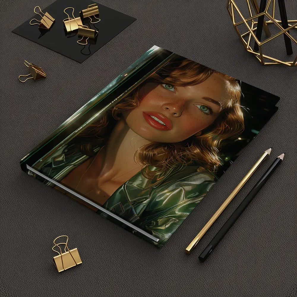 Green Eyed Woman Metallic Jacket Neon Background – Notebooks