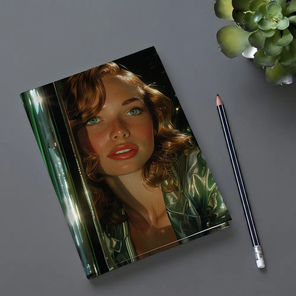 Green Eyed Woman Metallic Jacket Neon Background – Notebooks
