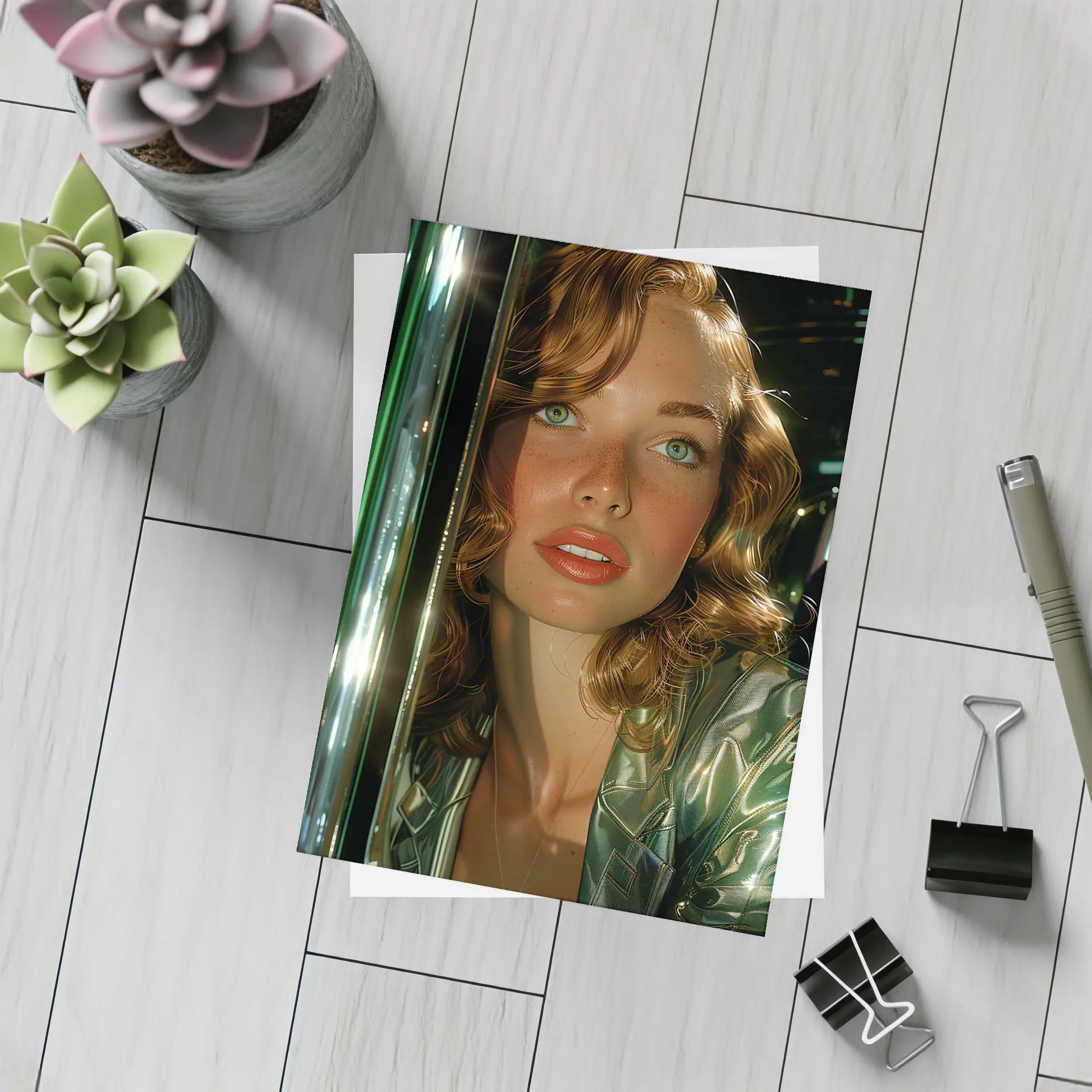 Green Eyed Woman Metallic Jacket Neon Background – Postcards