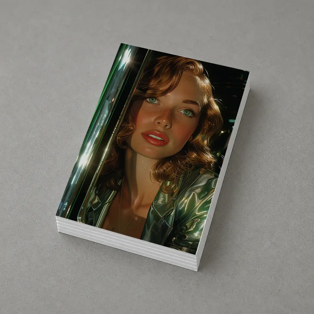 Green Eyed Woman Metallic Jacket Neon Background – Postcards
